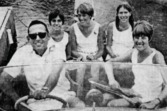1965? WHAT'S THIS? TENNIS IN A BOAT?Professional Irvin Hoffman (left) solved a dilemma of not having enough tennis courts at the Green Gables Invitational Doubles tournament by boating players across the lake to play some matches on a private court. Ready for the trip are (from left) Susie Rudd, Barbara Barker, Betty Barker and Nancee Bershoff. Denver Post photo by Bill Peters.